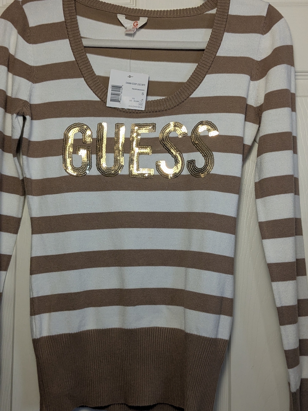 GUESS Chianna Scoop Neck Striped Sequin Logo Sweater Small